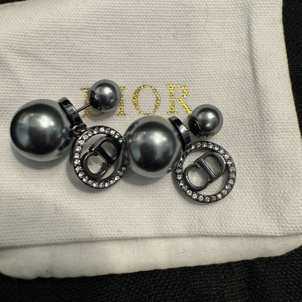 Dior Gray Pearl Earrings with Crystal Accents